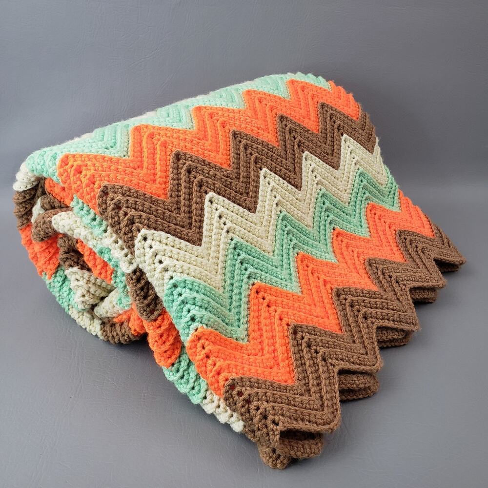 Vintage 1970's Multi Color Crochet Granny Afghan Chevron Throw Blanket 77”x56”